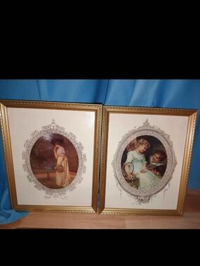 Ornate Gold Oval-Matted Picture Frames - Pair